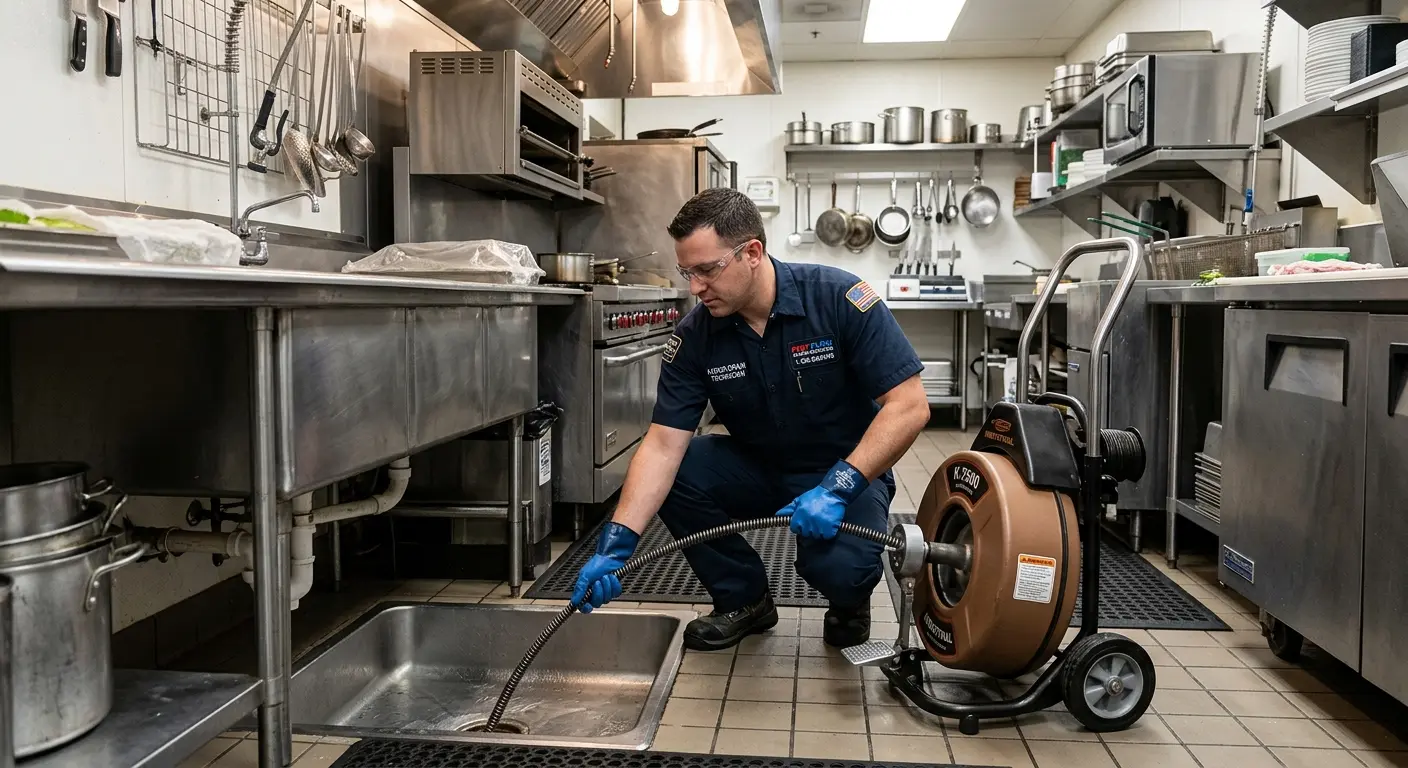 Commercial drain cleaning service in a restaurant kitchen in Coshocton