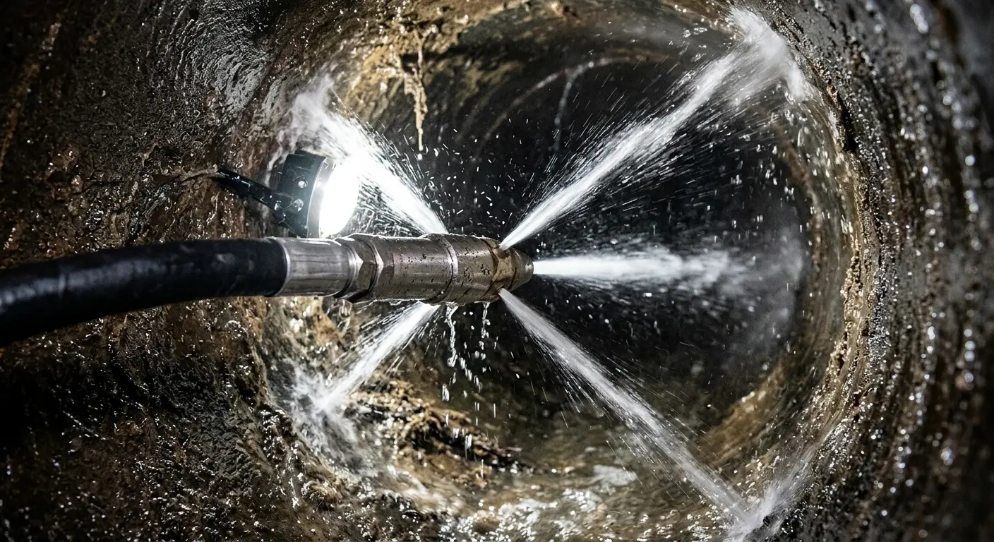 High-pressure hydro jetting nozzle cleaning sewer pipe for Trenchless Sewer Repair in Coshocton