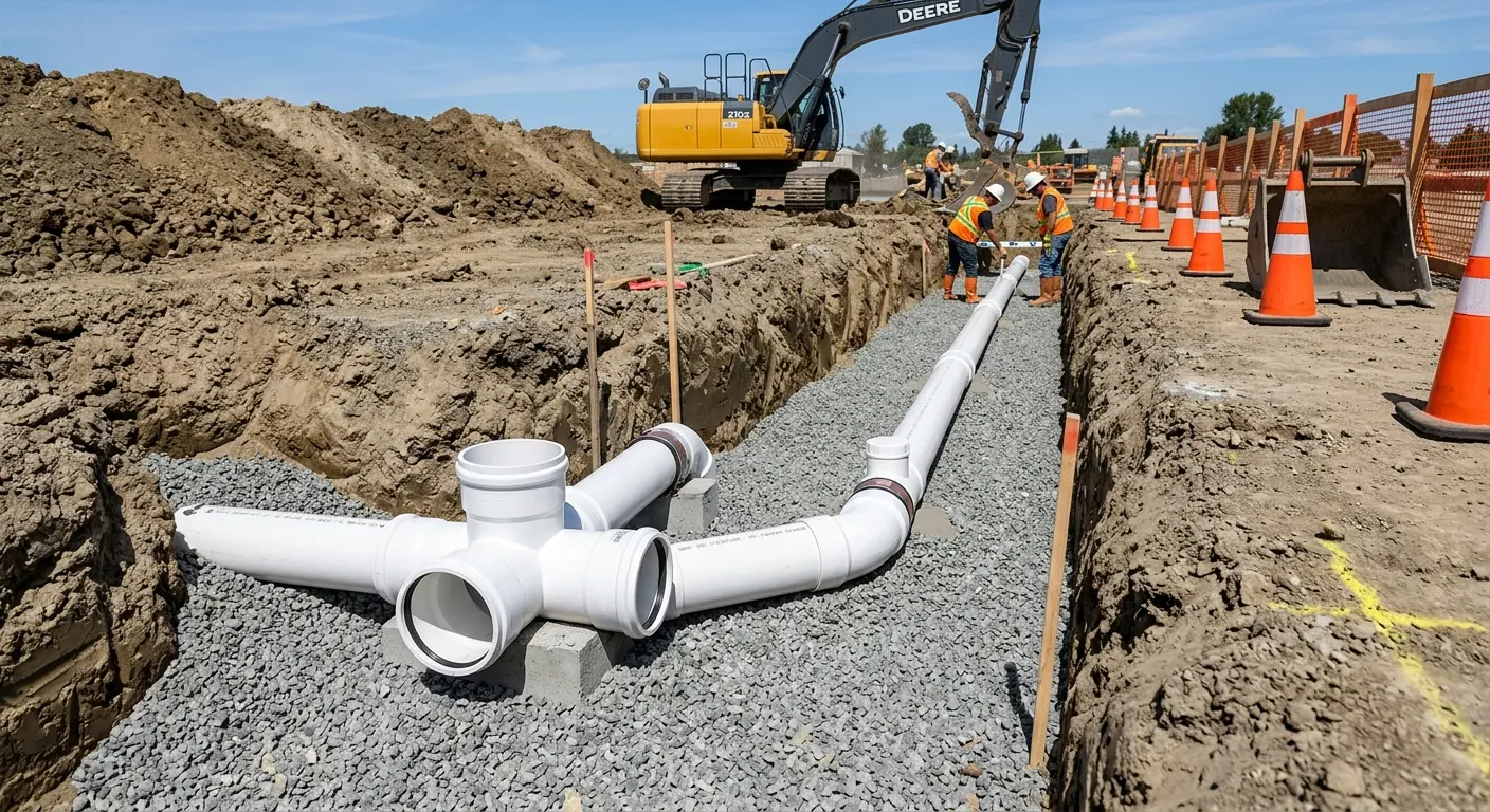 New PVC sewer pipe installation in open trench for Commercial Drain Cleaning in Coshocton
