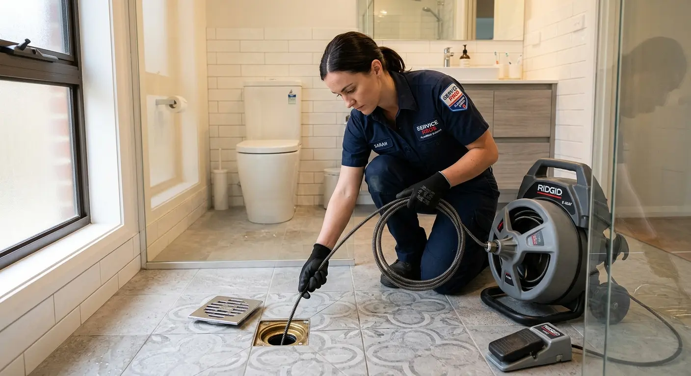 Technician clearing a bathroom floor drain for Clogged Drain Repair in Coshocton